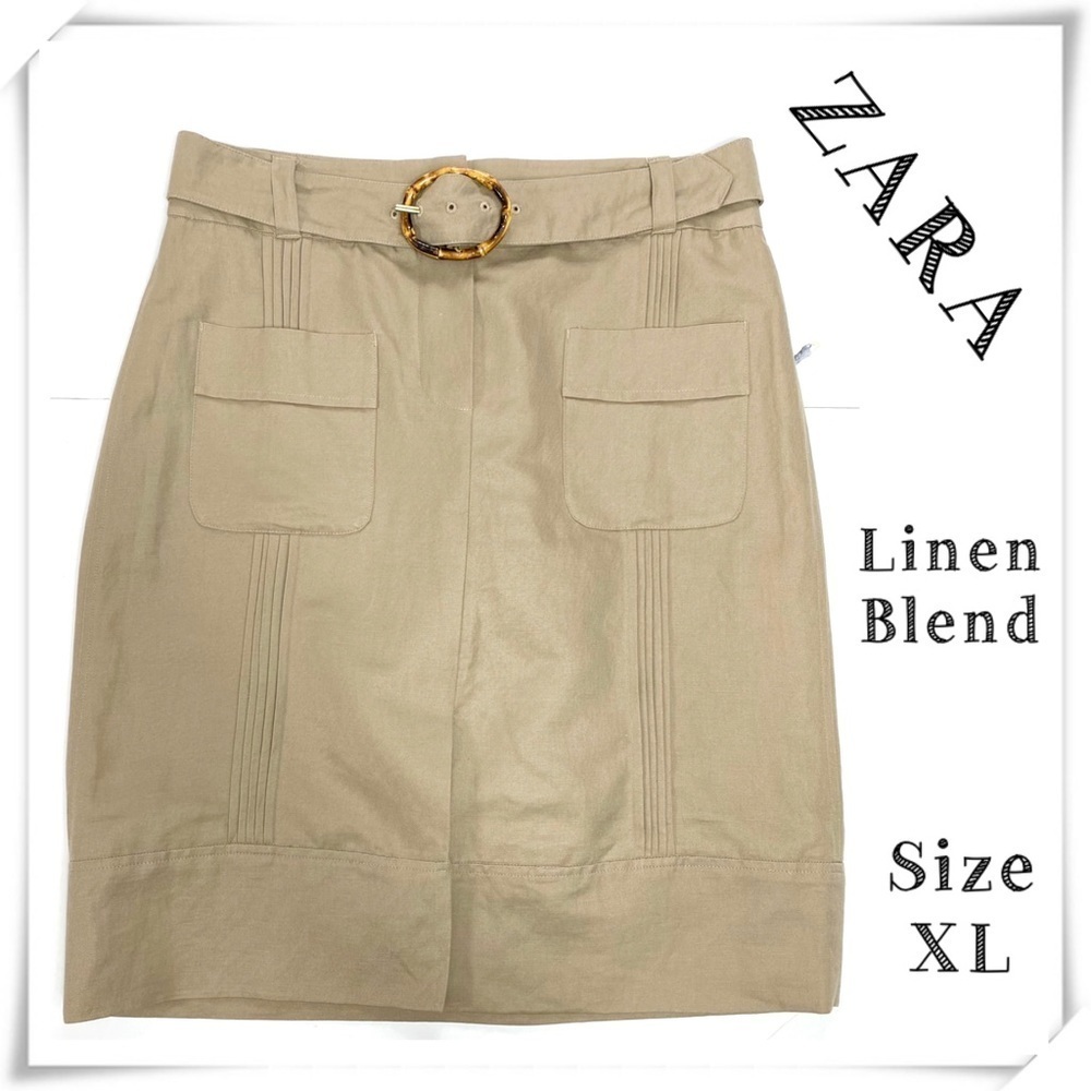 ZARA Linen Blend Belted Safari Pencil Skirt in Natural Beige Size XL New